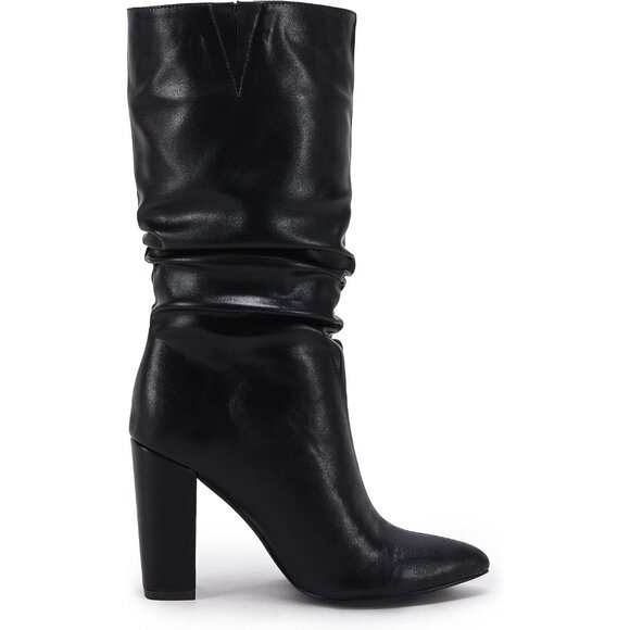 Women's Black Suede Mid Calf High Slouchy Chunky Heel Block Pointed Toe Boots - Picture 4 of 5